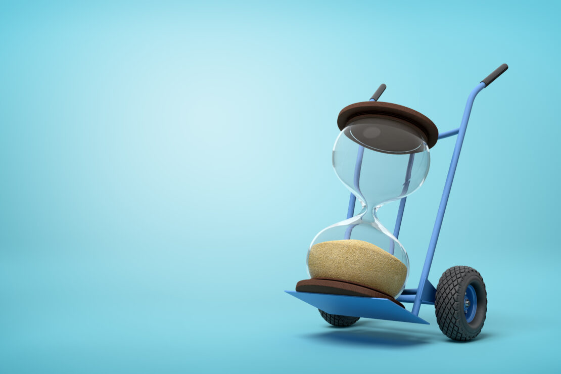 3d rendering of sand glass on a hand truck on blue background. Digital art. Time planning. Business and management.