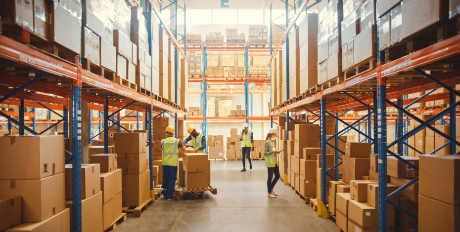 Retail Warehouse full of Shelves with Goods in Cardboard Boxes, Workers Scan and Sort Packages, Move Inventory with Pallet Trucks and Forklifts.