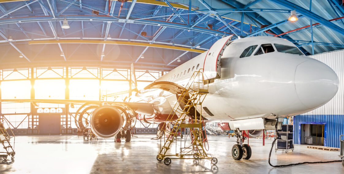 Maintenance and repair of aircraft in the aviation hangar of the airport