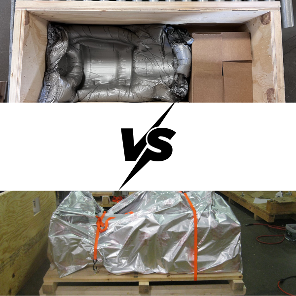 A product protected by foam-in-place in one corner with a product wrapped in custom-engineered dunnage in the other corner. The words 'Vs' are between them